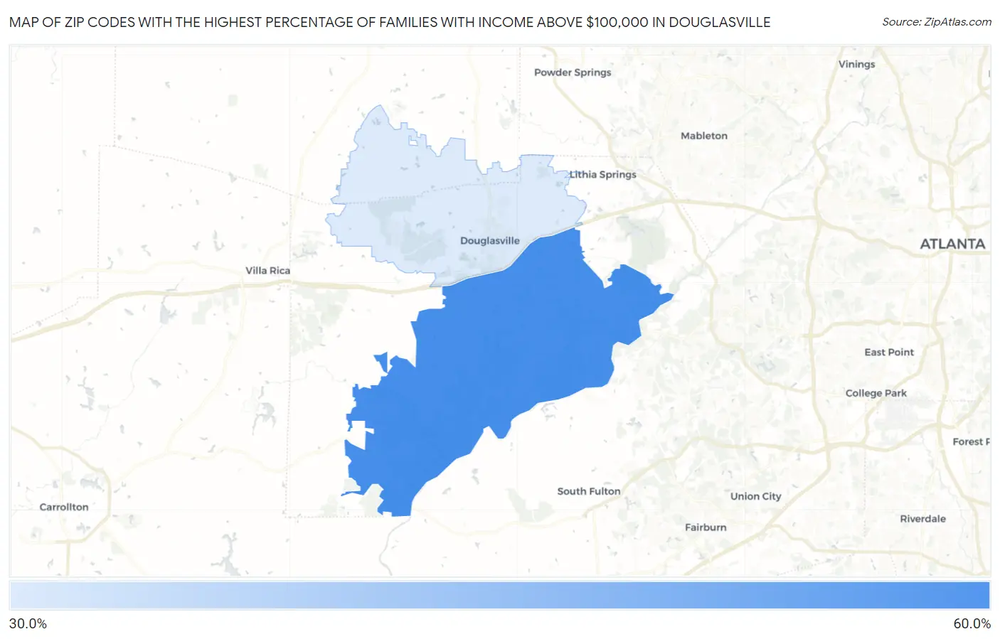 Zip Codes with the Highest Percentage of Families with Income Above $100,000 in Douglasville Map