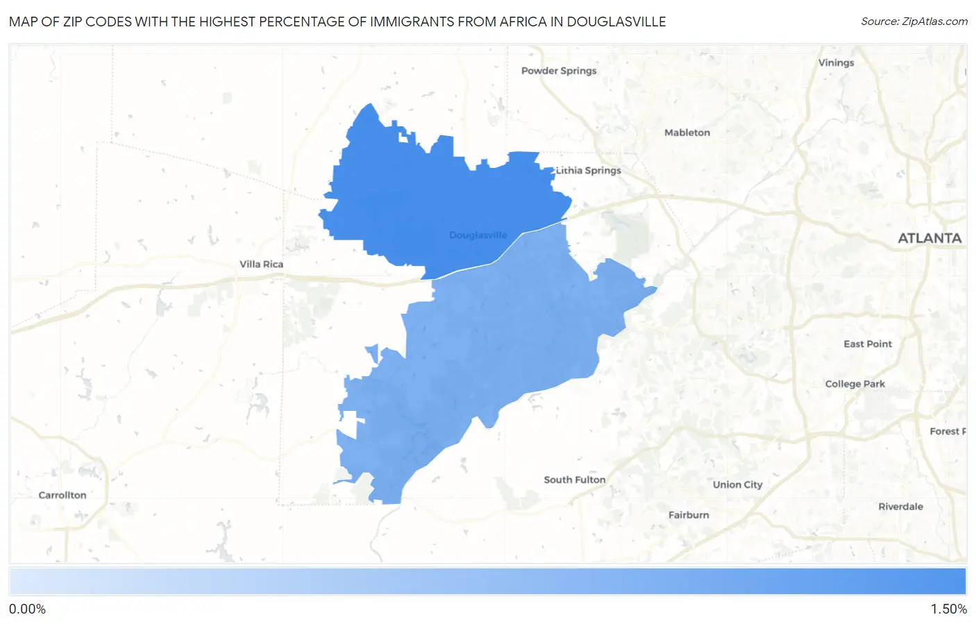 Zip Codes with the Highest Percentage of Immigrants from Africa in Douglasville Map