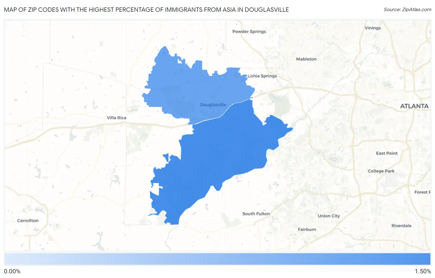 Zip Codes with the Highest Percentage of Immigrants from Asia in Douglasville Map