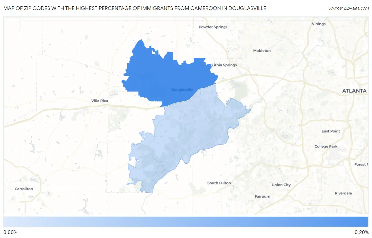 Zip Codes with the Highest Percentage of Immigrants from Cameroon in Douglasville Map