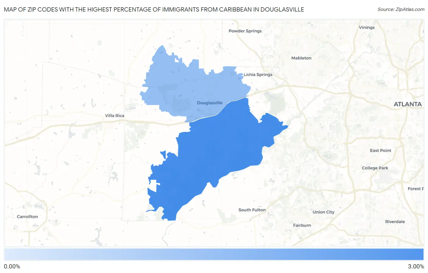 Zip Codes with the Highest Percentage of Immigrants from Caribbean in Douglasville Map