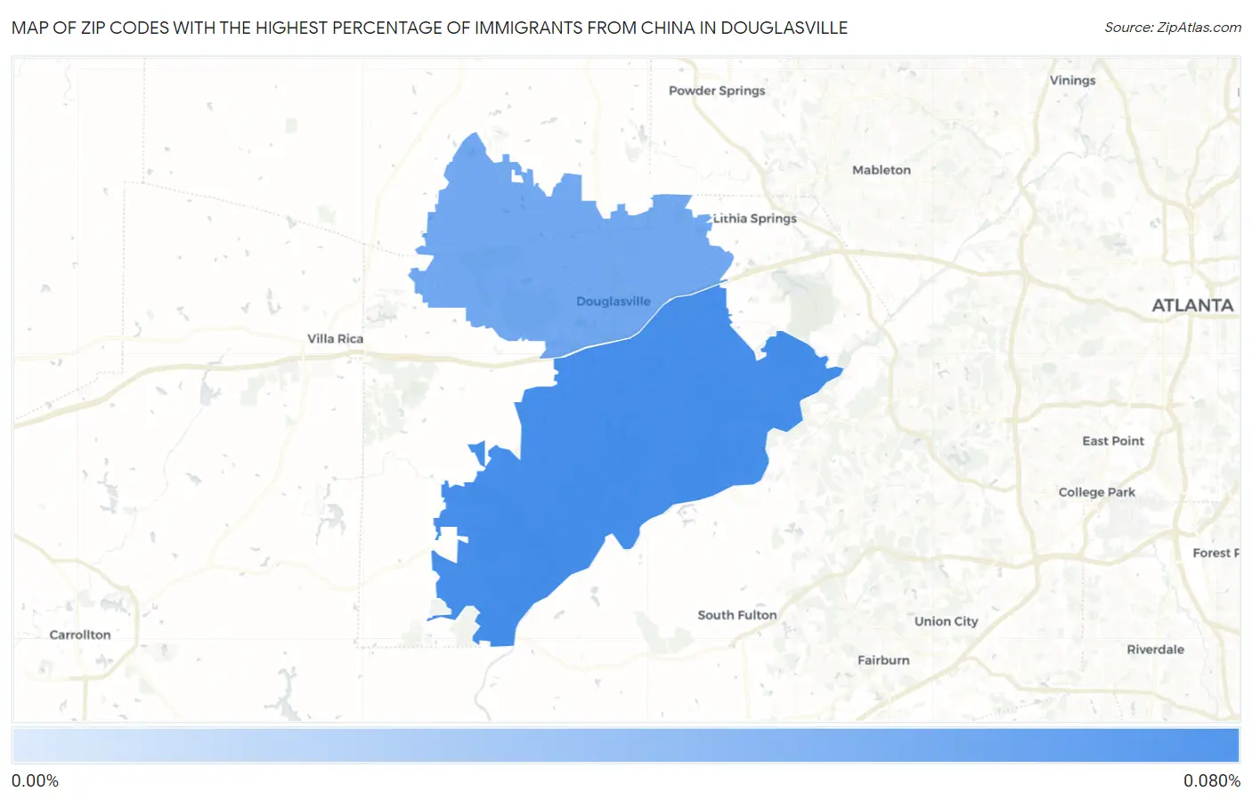 Zip Codes with the Highest Percentage of Immigrants from China in Douglasville Map
