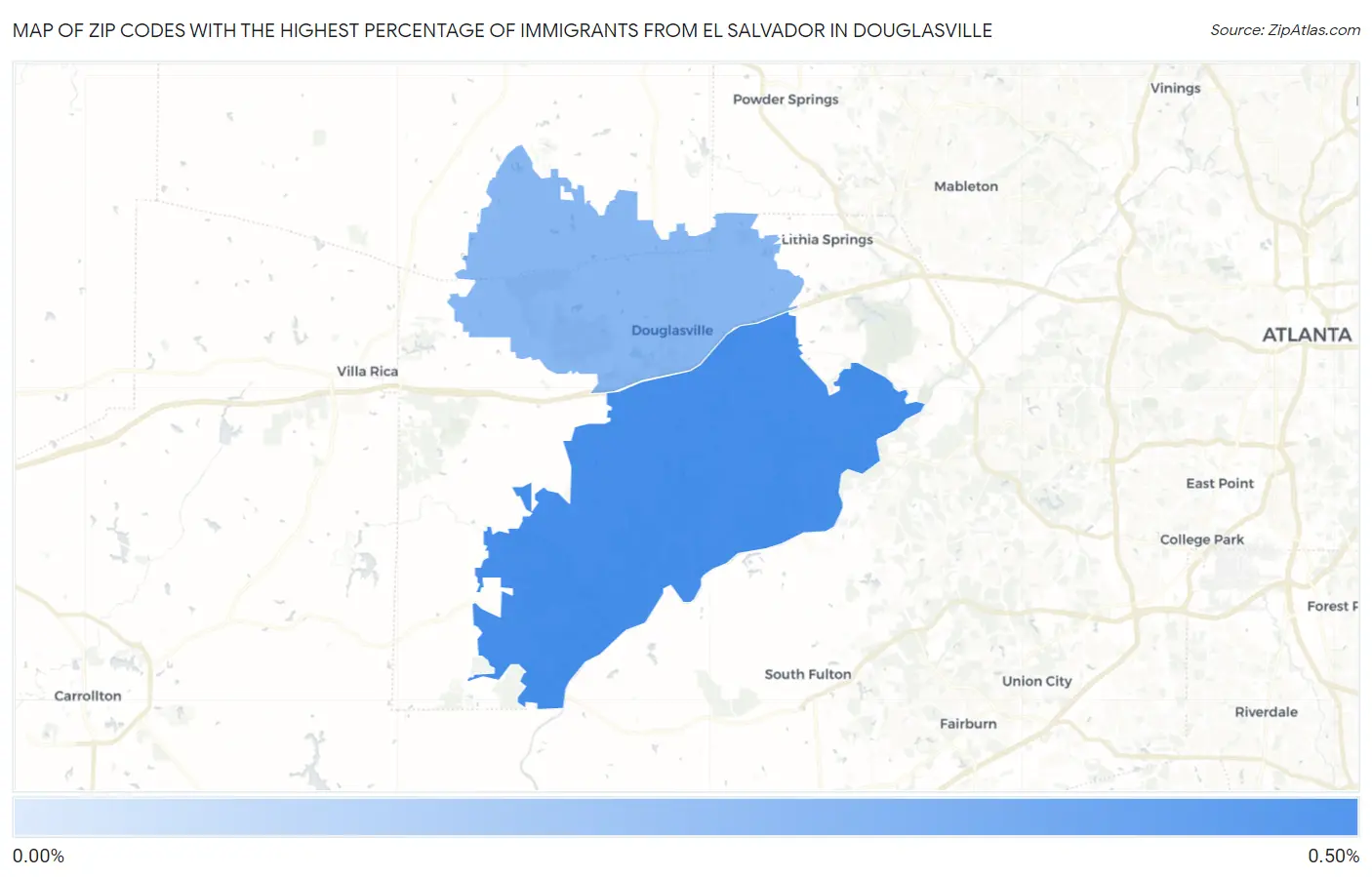 Zip Codes with the Highest Percentage of Immigrants from El Salvador in Douglasville Map