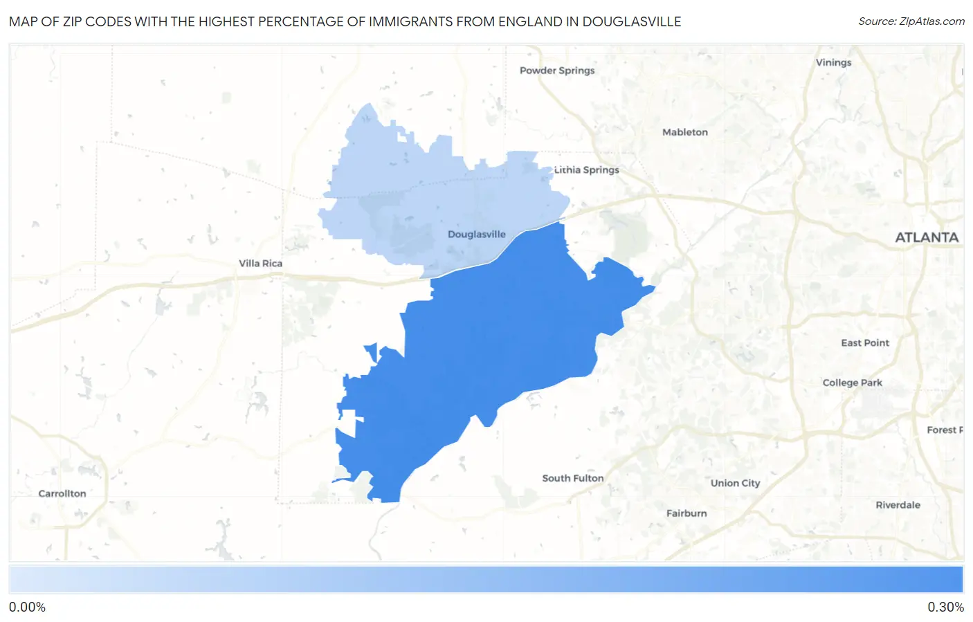 Zip Codes with the Highest Percentage of Immigrants from England in Douglasville Map
