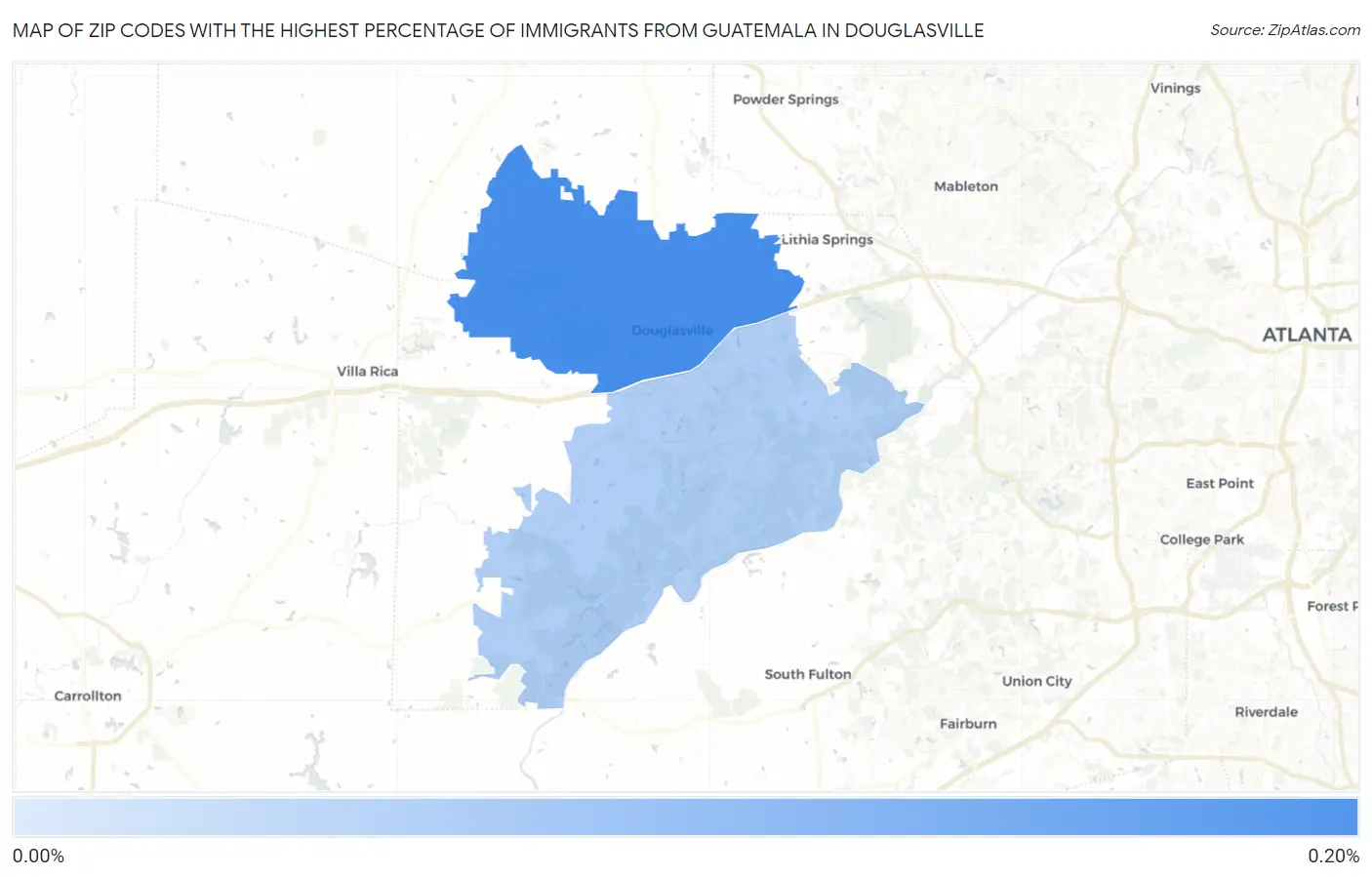 Zip Codes with the Highest Percentage of Immigrants from Guatemala in Douglasville Map