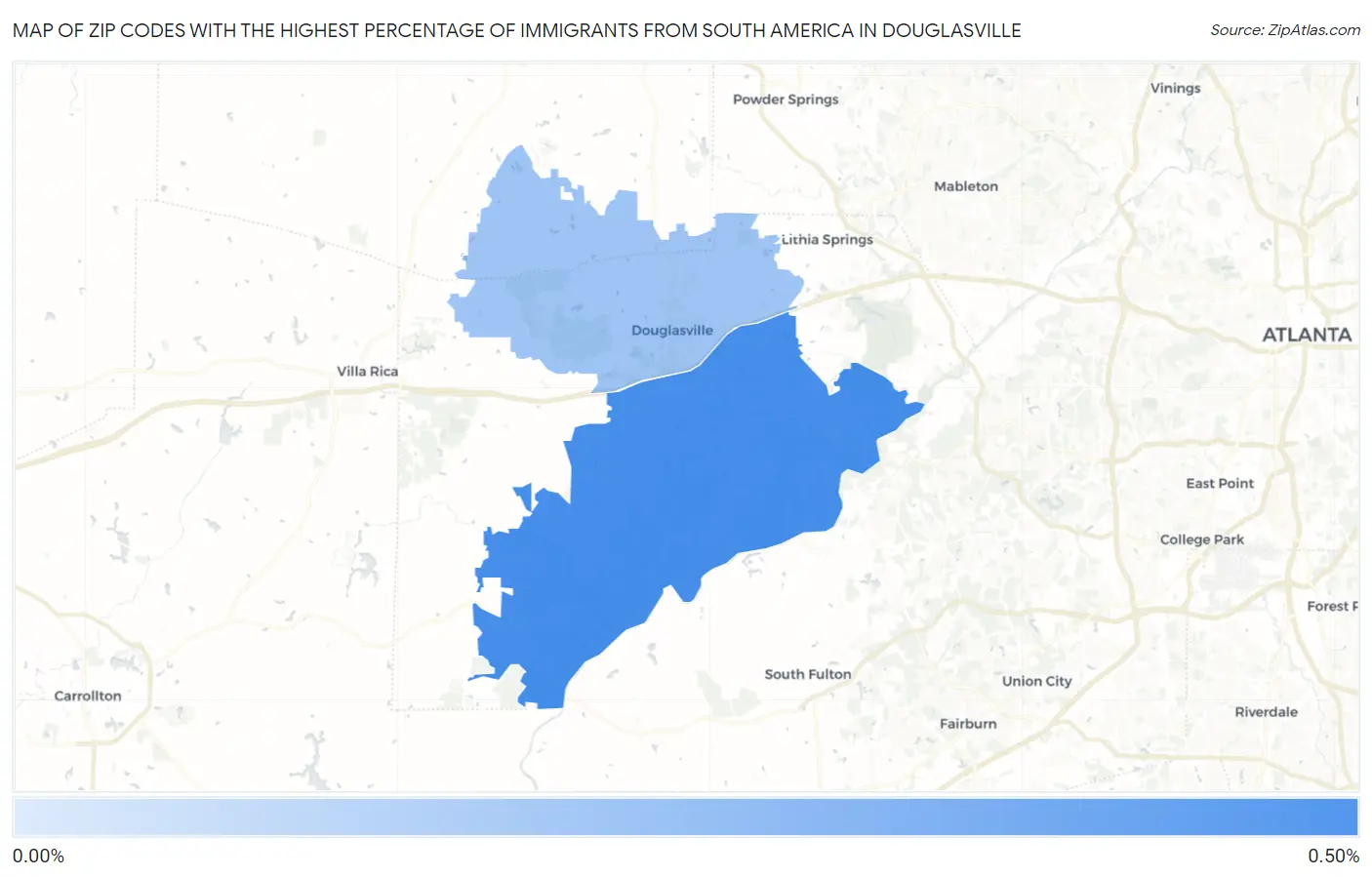 Zip Codes with the Highest Percentage of Immigrants from South America in Douglasville Map