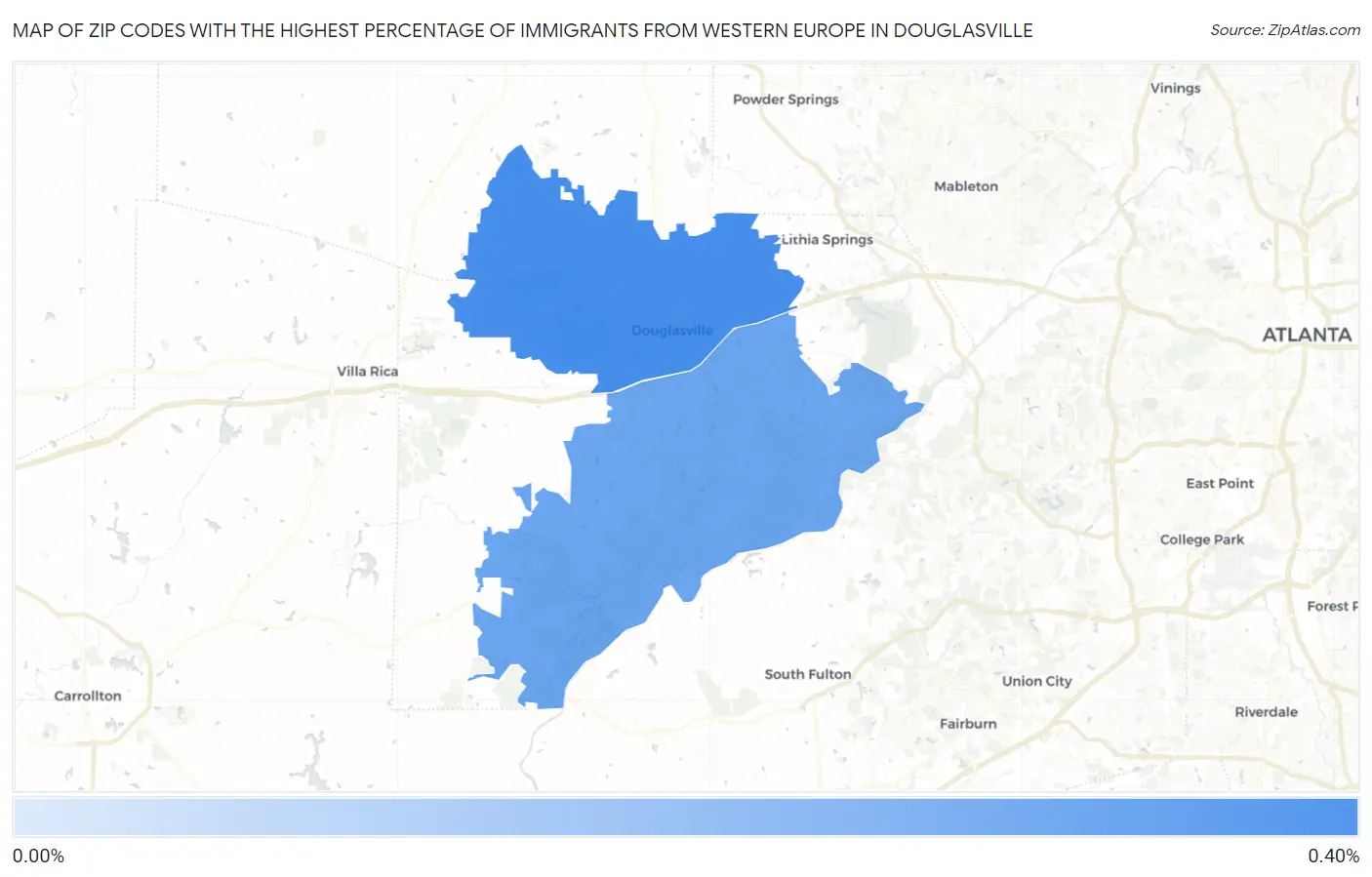 Zip Codes with the Highest Percentage of Immigrants from Western Europe in Douglasville Map