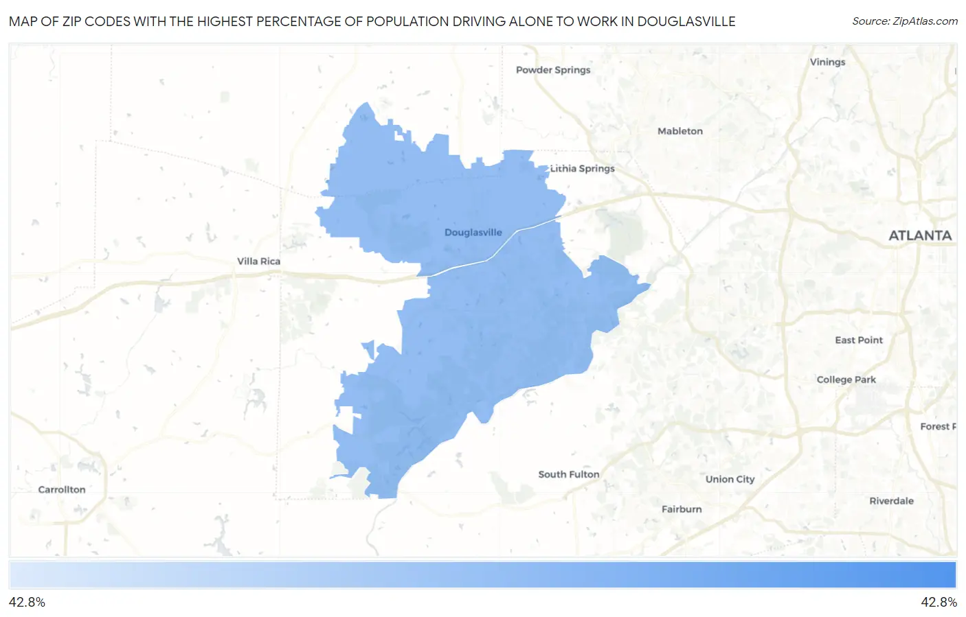 Zip Codes with the Highest Percentage of Population Driving Alone to Work in Douglasville Map