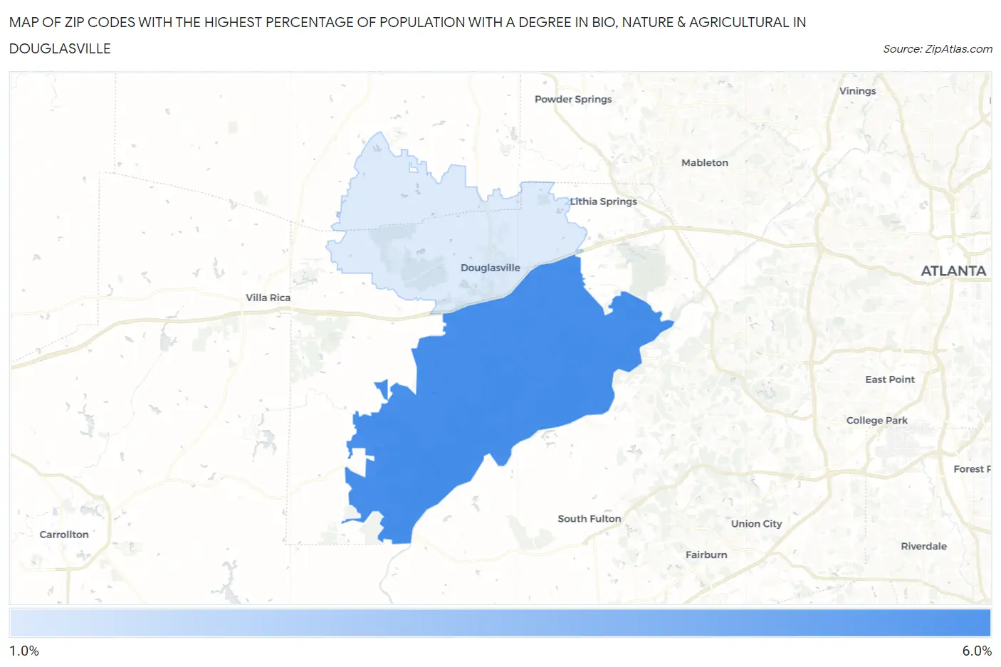 Zip Codes with the Highest Percentage of Population with a Degree in Bio, Nature & Agricultural in Douglasville Map