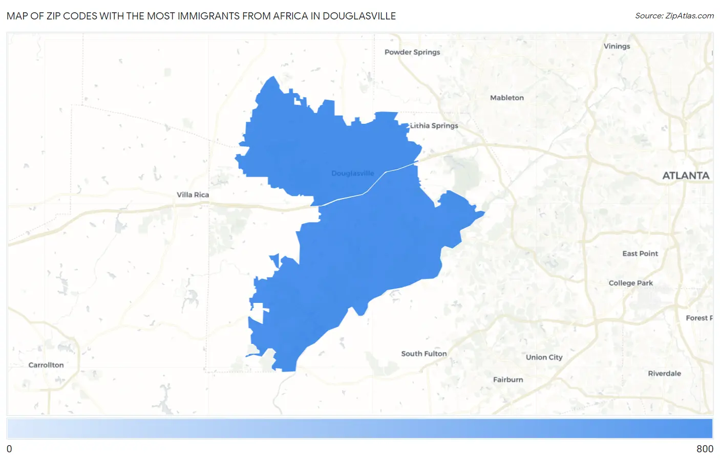 Zip Codes with the Most Immigrants from Africa in Douglasville Map