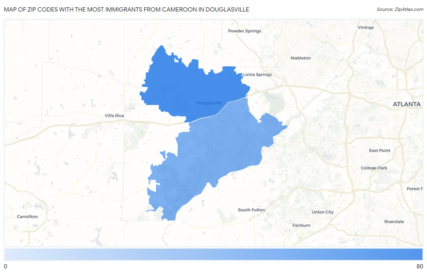 Zip Codes with the Most Immigrants from Cameroon in Douglasville Map