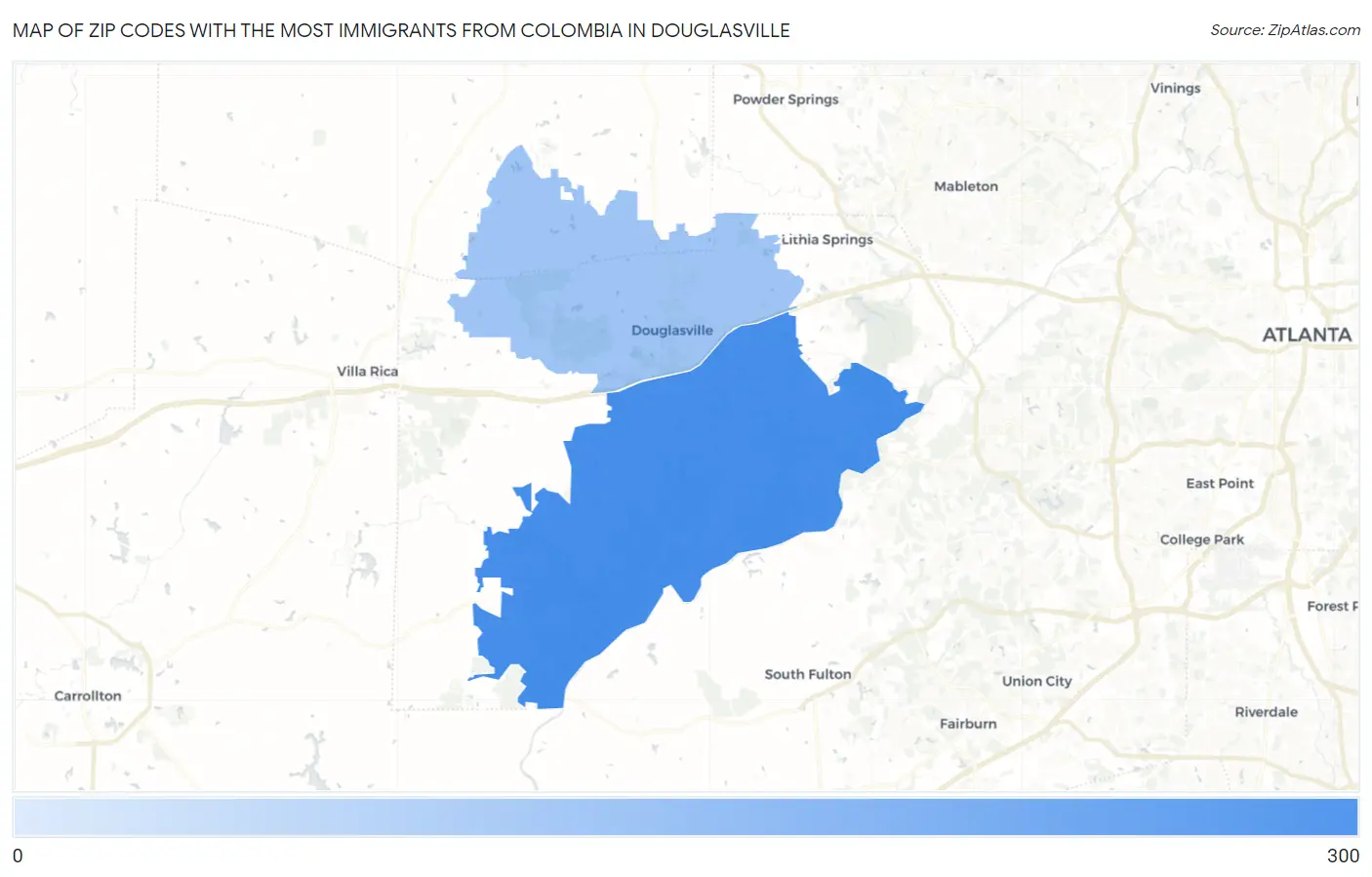 Zip Codes with the Most Immigrants from Colombia in Douglasville Map