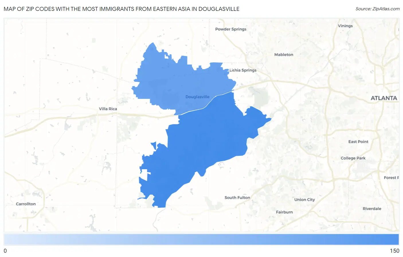 Zip Codes with the Most Immigrants from Eastern Asia in Douglasville Map