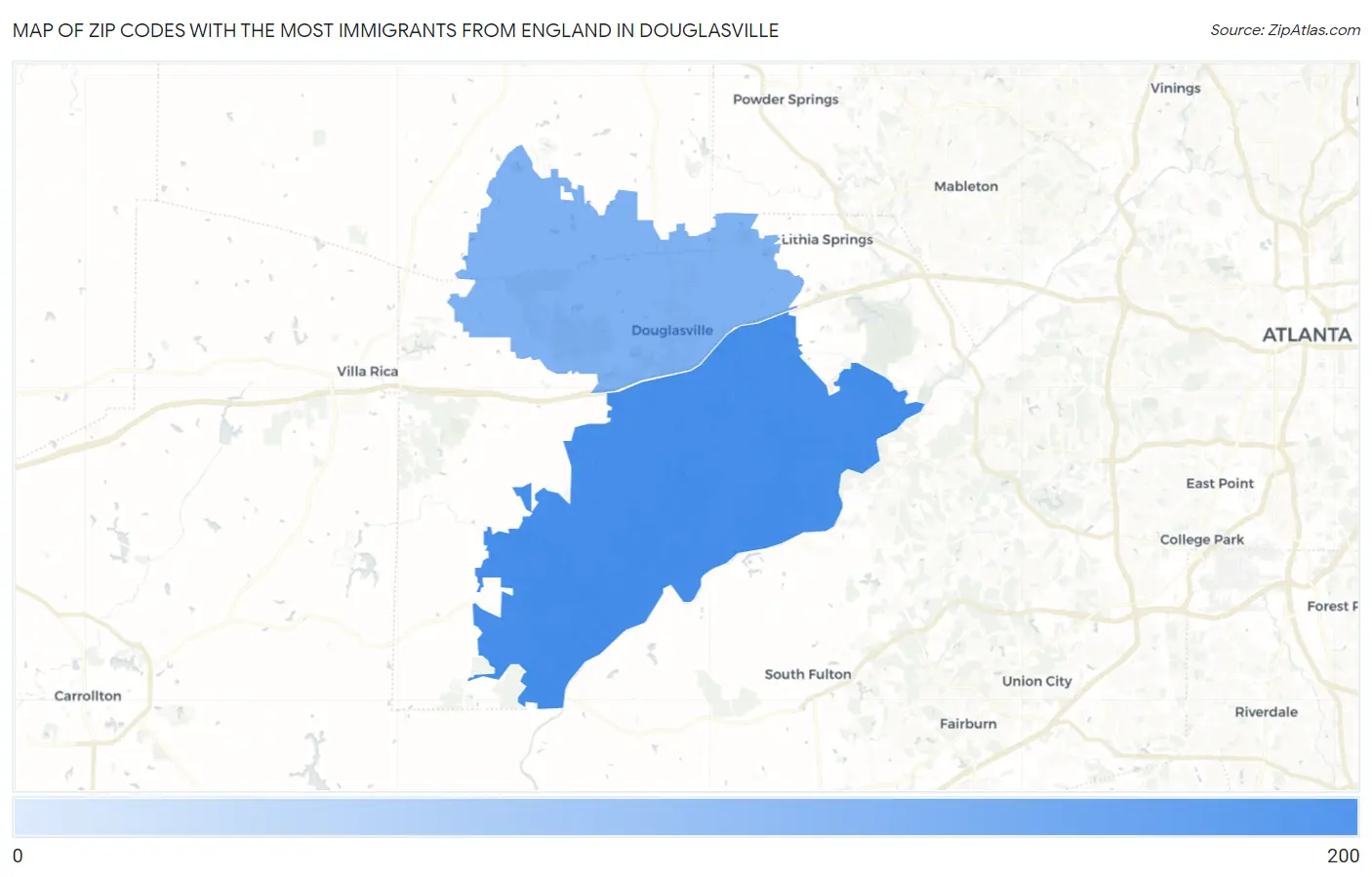 Zip Codes with the Most Immigrants from England in Douglasville Map
