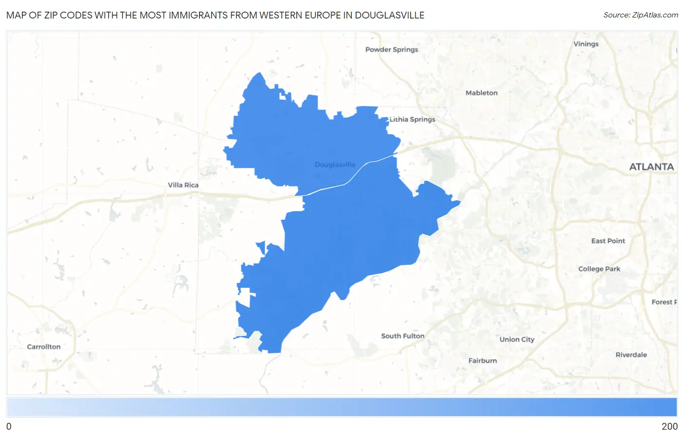 Zip Codes with the Most Immigrants from Western Europe in Douglasville Map