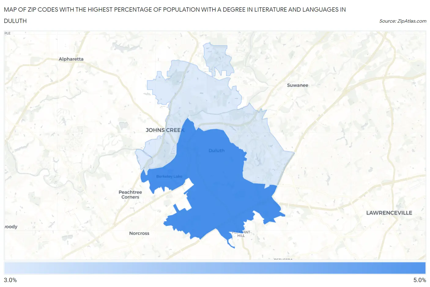 Zip Codes with the Highest Percentage of Population with a Degree in Literature and Languages in Duluth Map