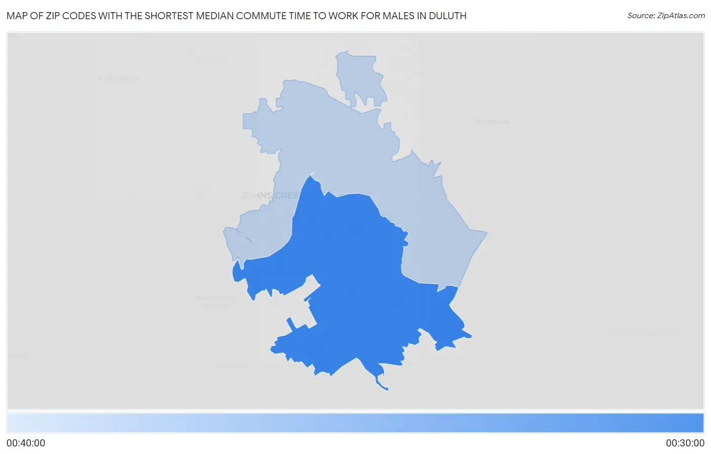 Zip Codes with the Shortest Median Commute Time to Work for Males in Duluth Map