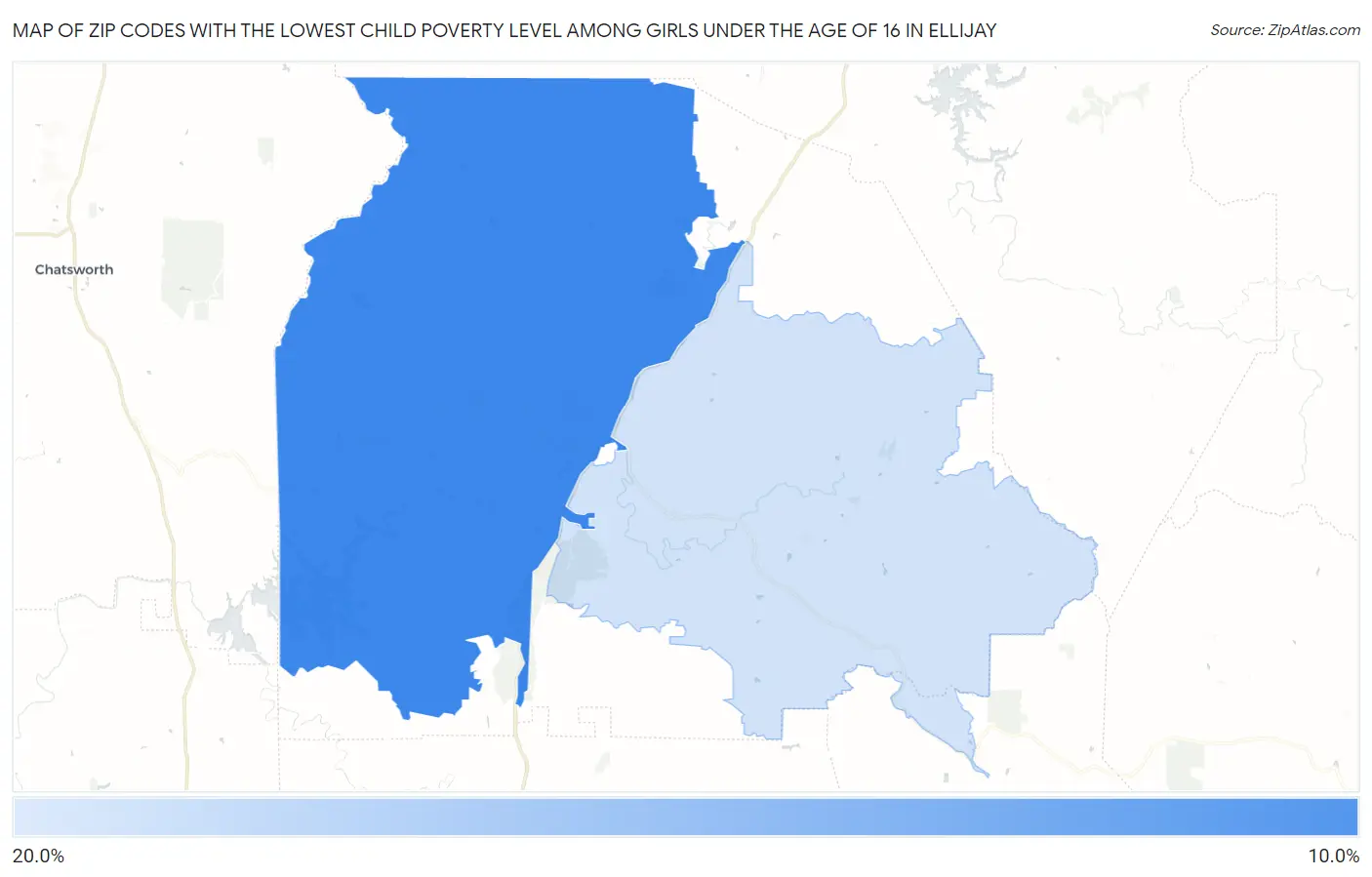 Zip Codes with the Lowest Child Poverty Level Among Girls Under the Age of 16 in Ellijay Map
