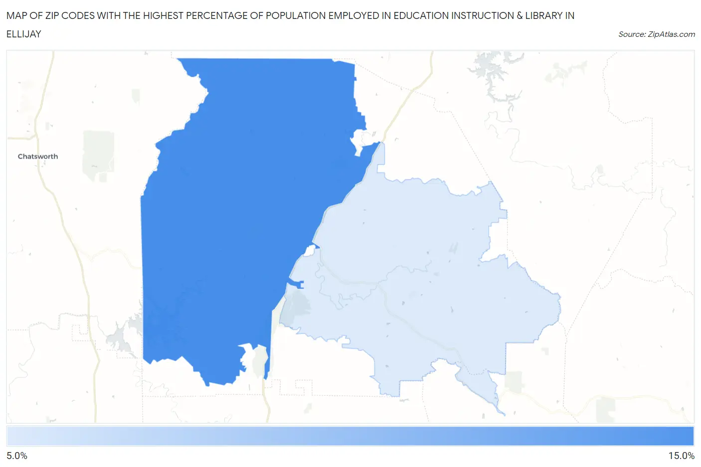 Zip Codes with the Highest Percentage of Population Employed in Education Instruction & Library in Ellijay Map