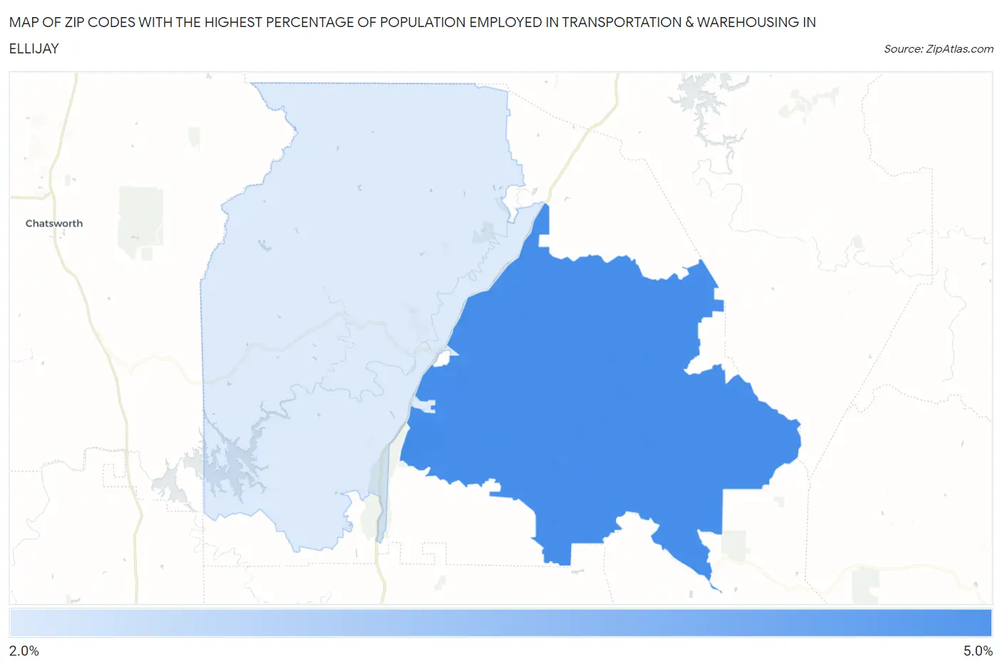 Zip Codes with the Highest Percentage of Population Employed in Transportation & Warehousing in Ellijay Map