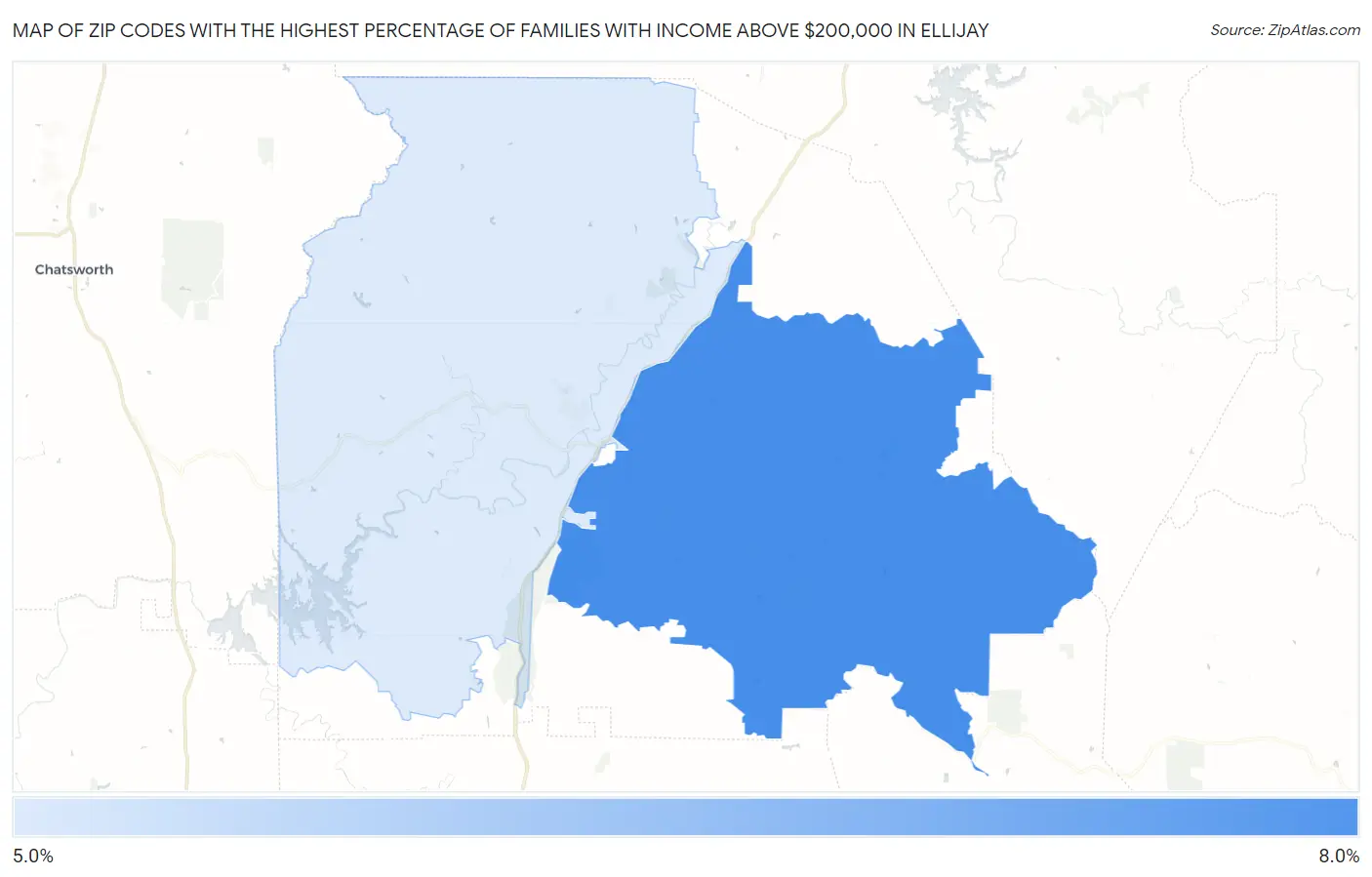 Zip Codes with the Highest Percentage of Families with Income Above $200,000 in Ellijay Map