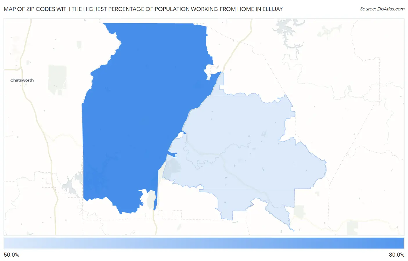 Zip Codes with the Highest Percentage of Population Working from Home in Ellijay Map