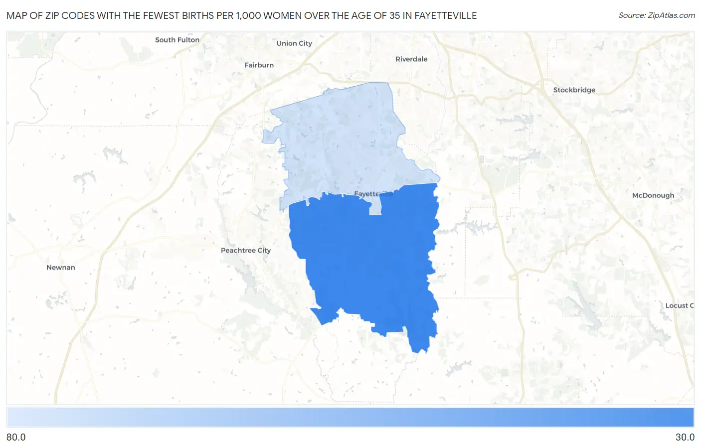 Zip Codes with the Fewest Births per 1,000 Women Over the Age of 35 in Fayetteville Map