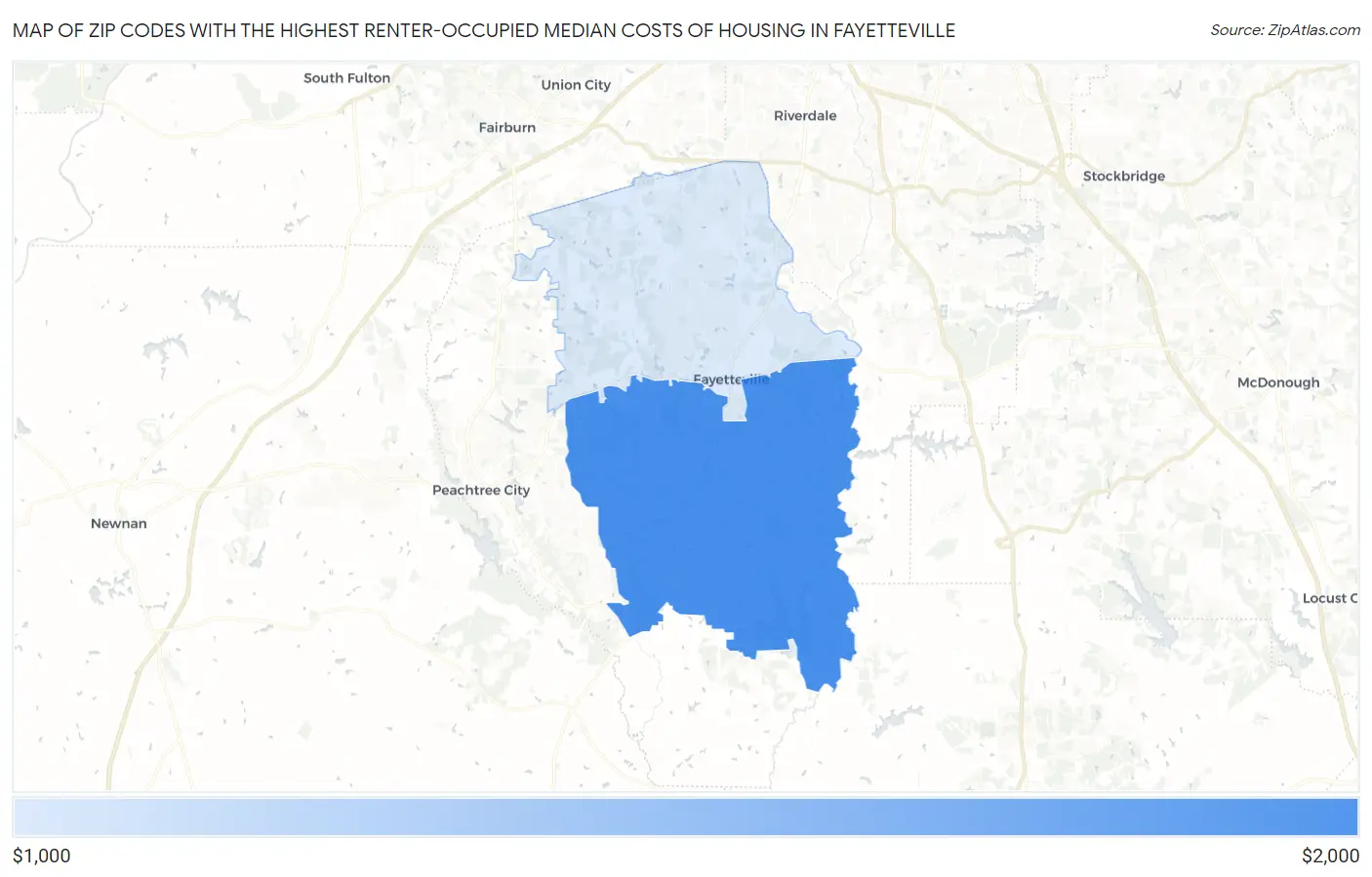 Zip Codes with the Highest Renter-Occupied Median Costs of Housing in Fayetteville Map