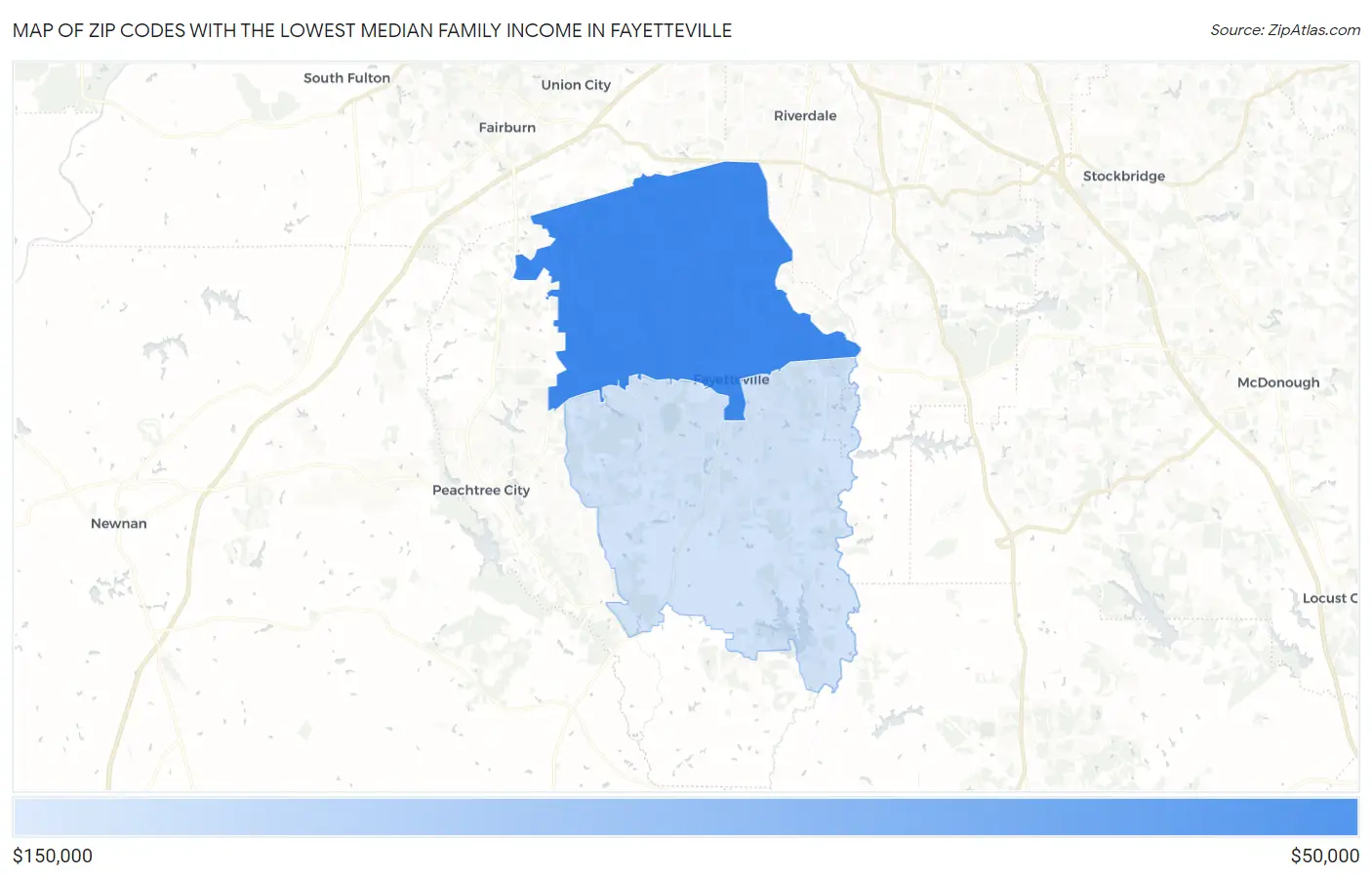 Zip Codes with the Lowest Median Family Income in Fayetteville Map