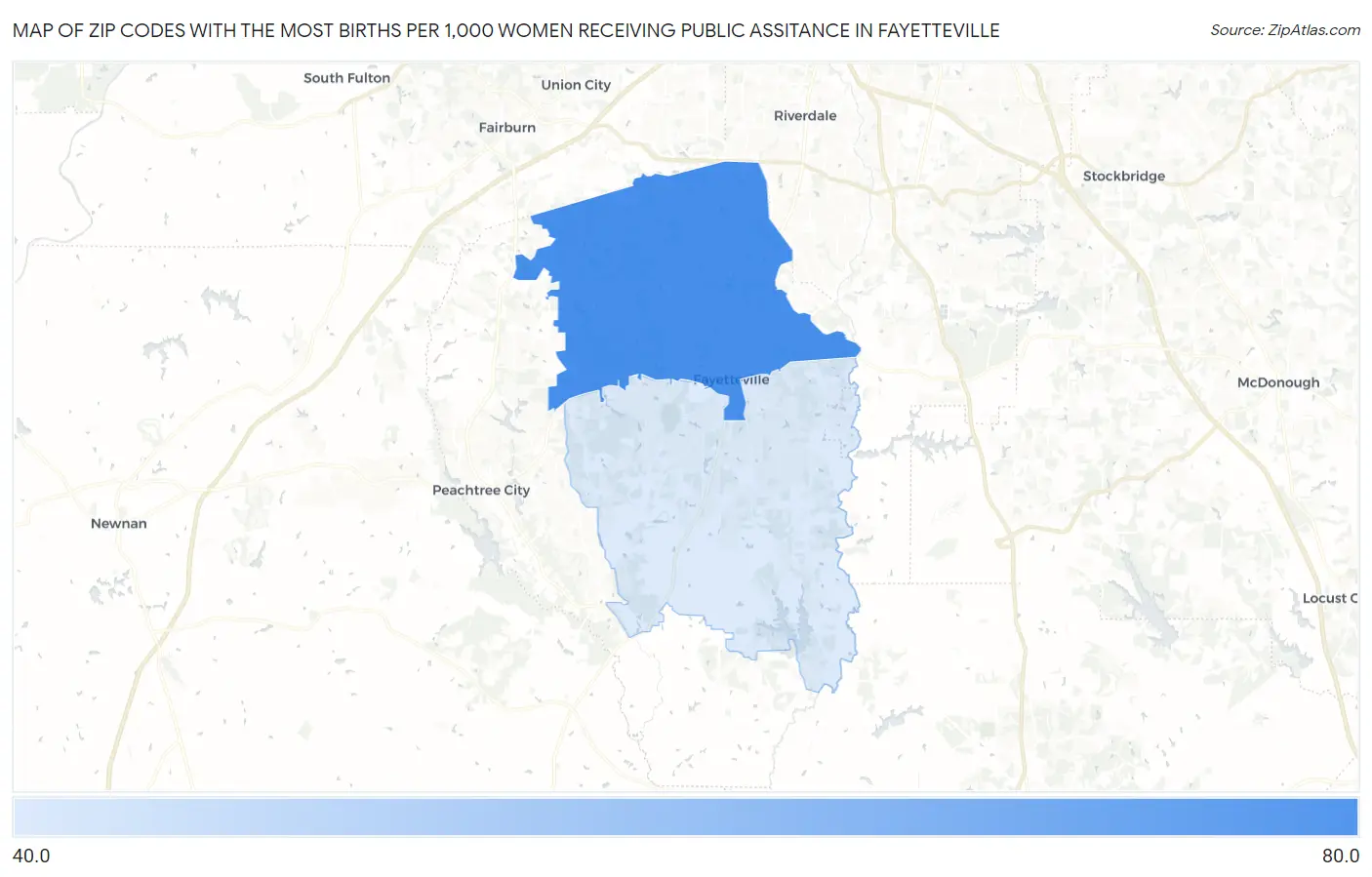 Zip Codes with the Most Births per 1,000 Women Receiving Public Assitance in Fayetteville Map