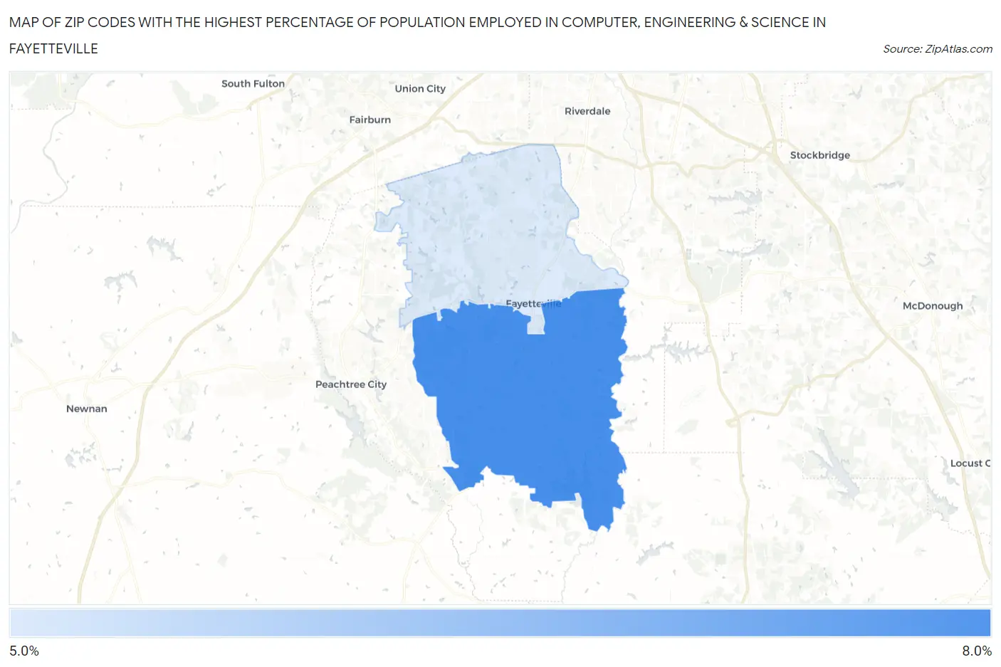 Zip Codes with the Highest Percentage of Population Employed in Computer, Engineering & Science in Fayetteville Map