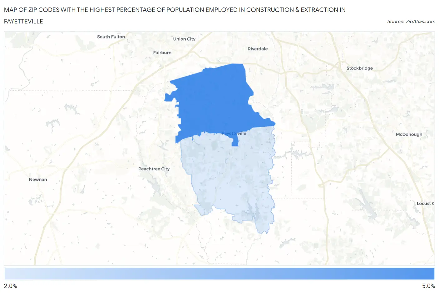 Zip Codes with the Highest Percentage of Population Employed in Construction & Extraction in Fayetteville Map