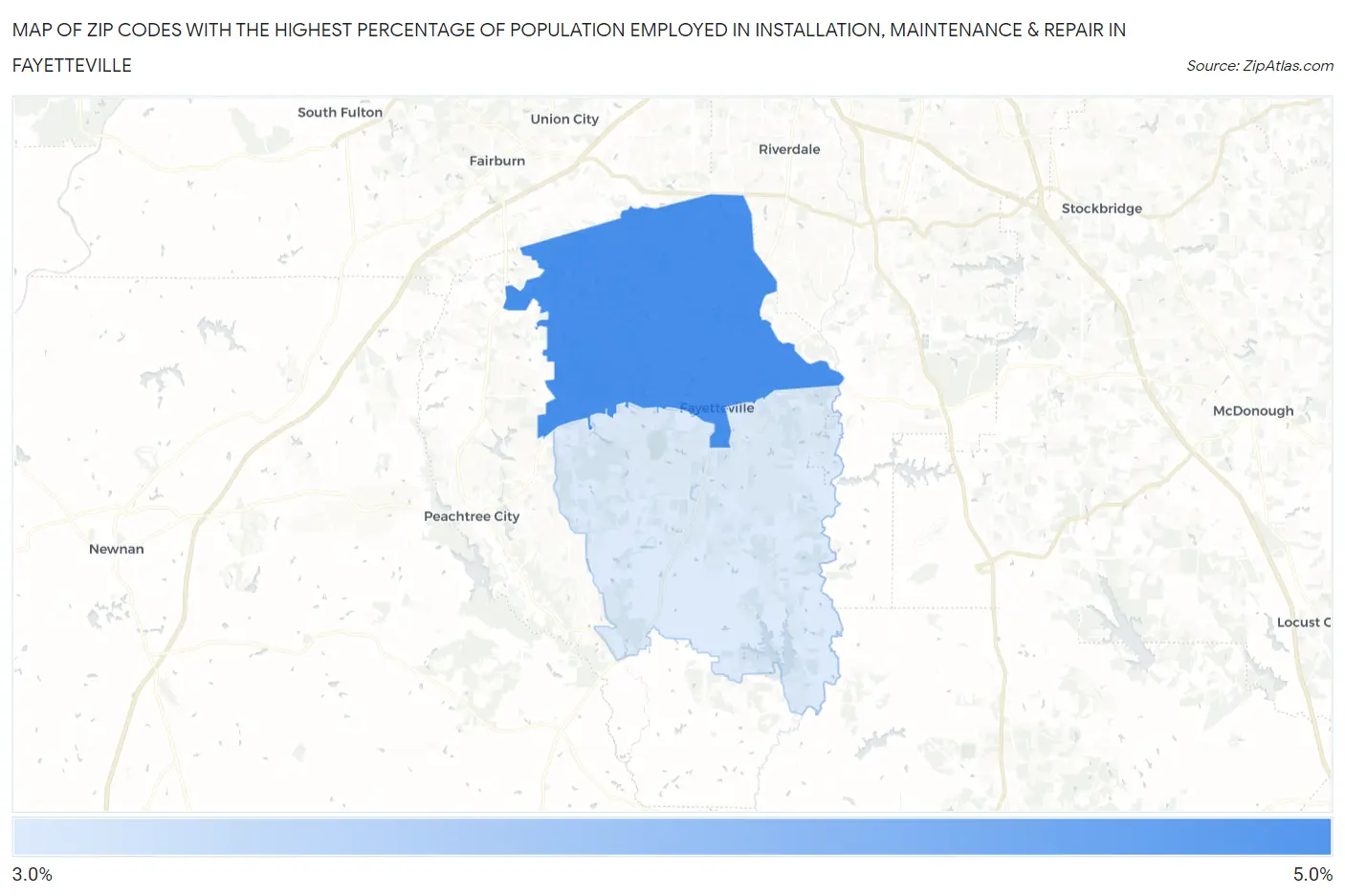 Zip Codes with the Highest Percentage of Population Employed in Installation, Maintenance & Repair in Fayetteville Map
