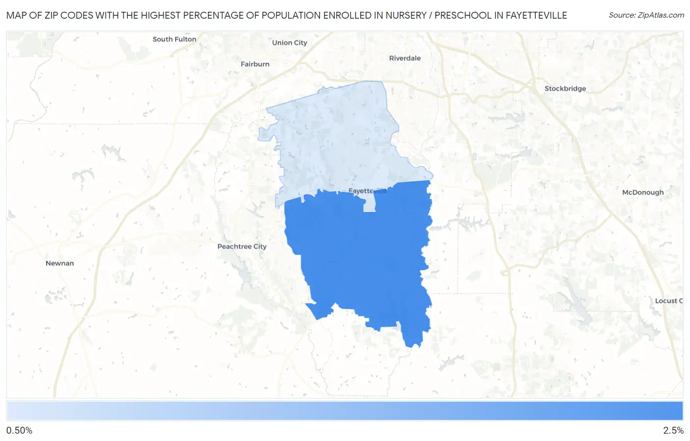 Zip Codes with the Highest Percentage of Population Enrolled in Nursery / Preschool in Fayetteville Map