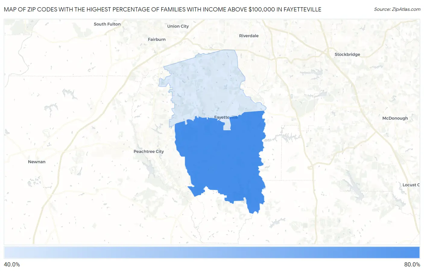 Zip Codes with the Highest Percentage of Families with Income Above $100,000 in Fayetteville Map