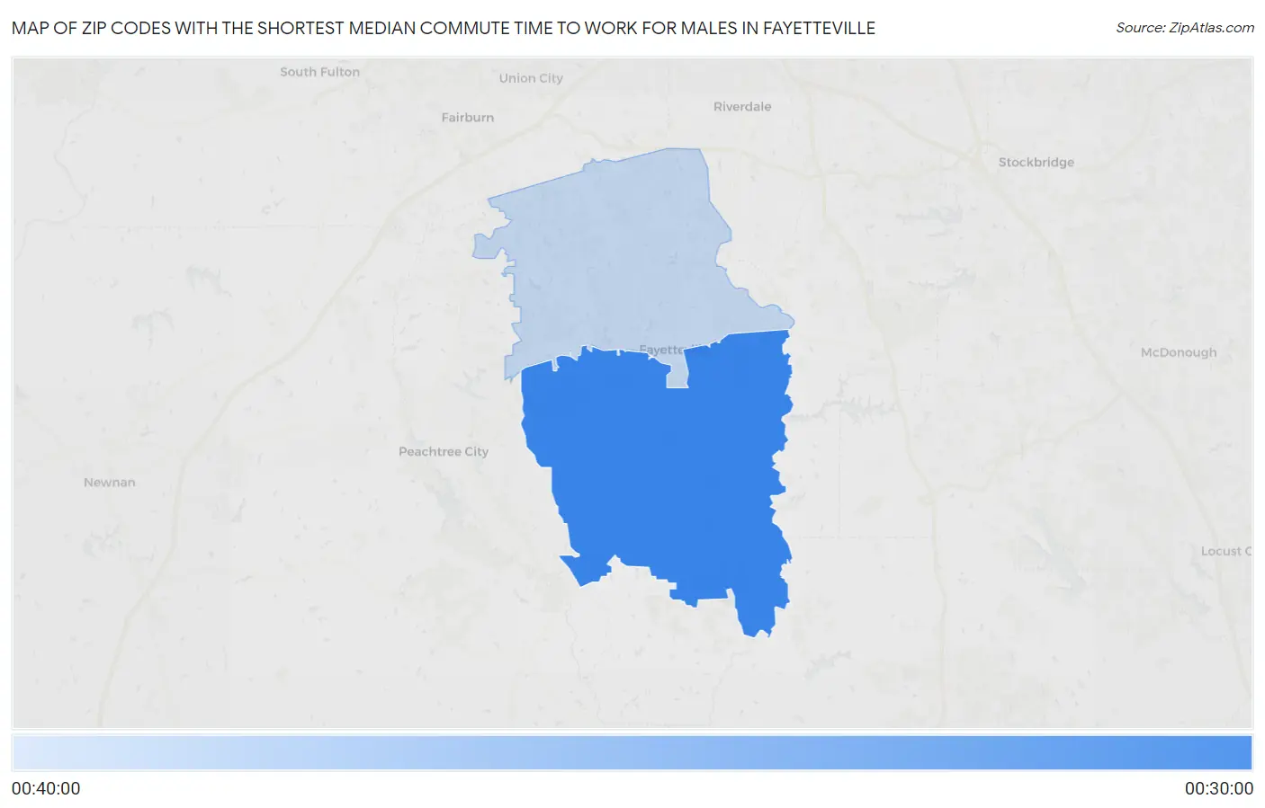 Zip Codes with the Shortest Median Commute Time to Work for Males in Fayetteville Map