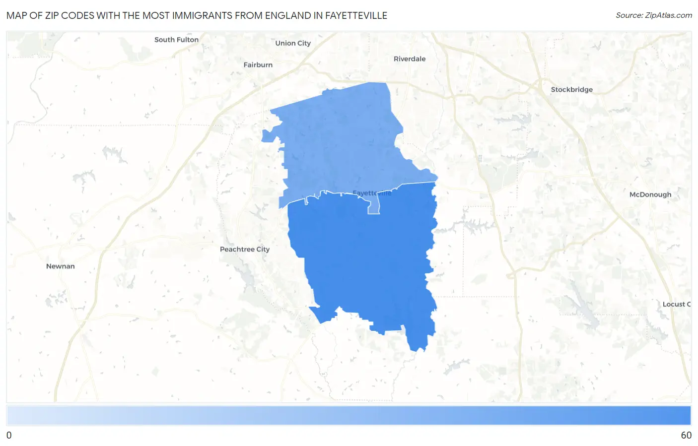 Zip Codes with the Most Immigrants from England in Fayetteville Map