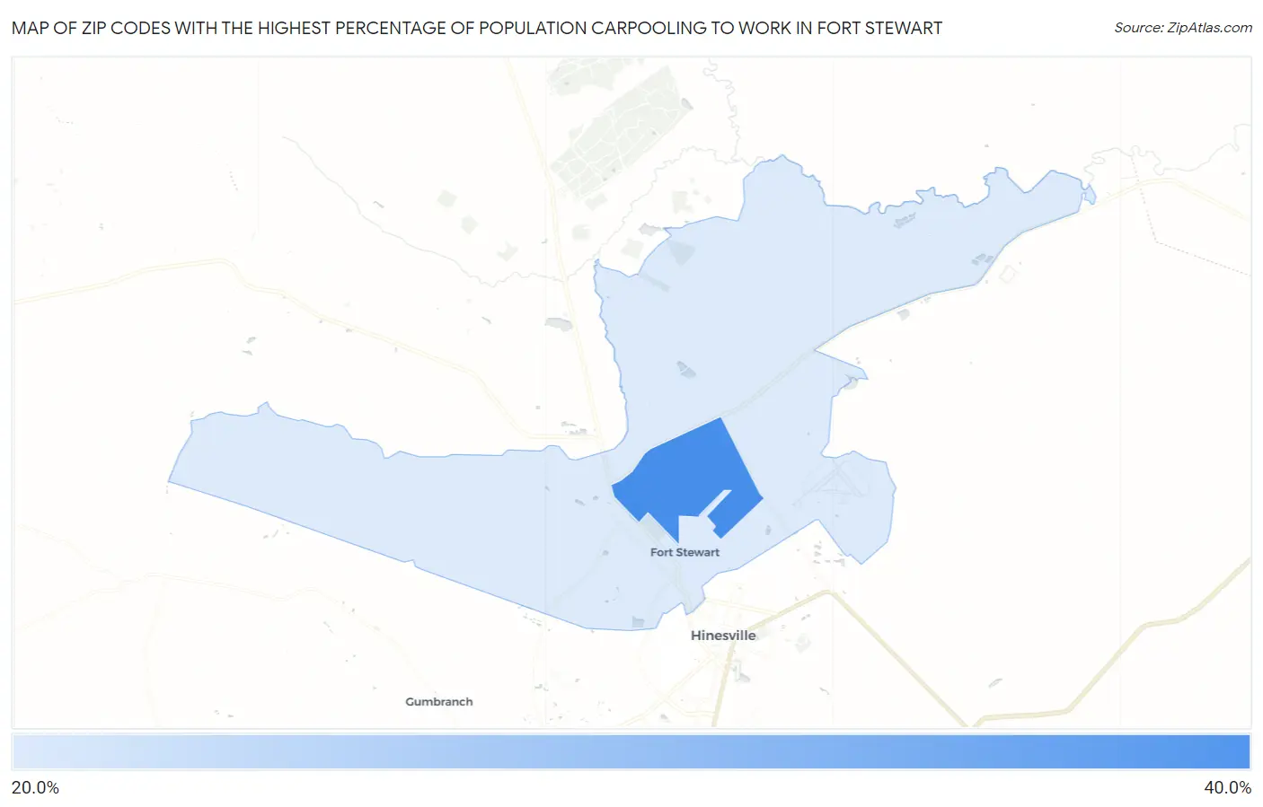 Zip Codes with the Highest Percentage of Population Carpooling to Work in Fort Stewart Map