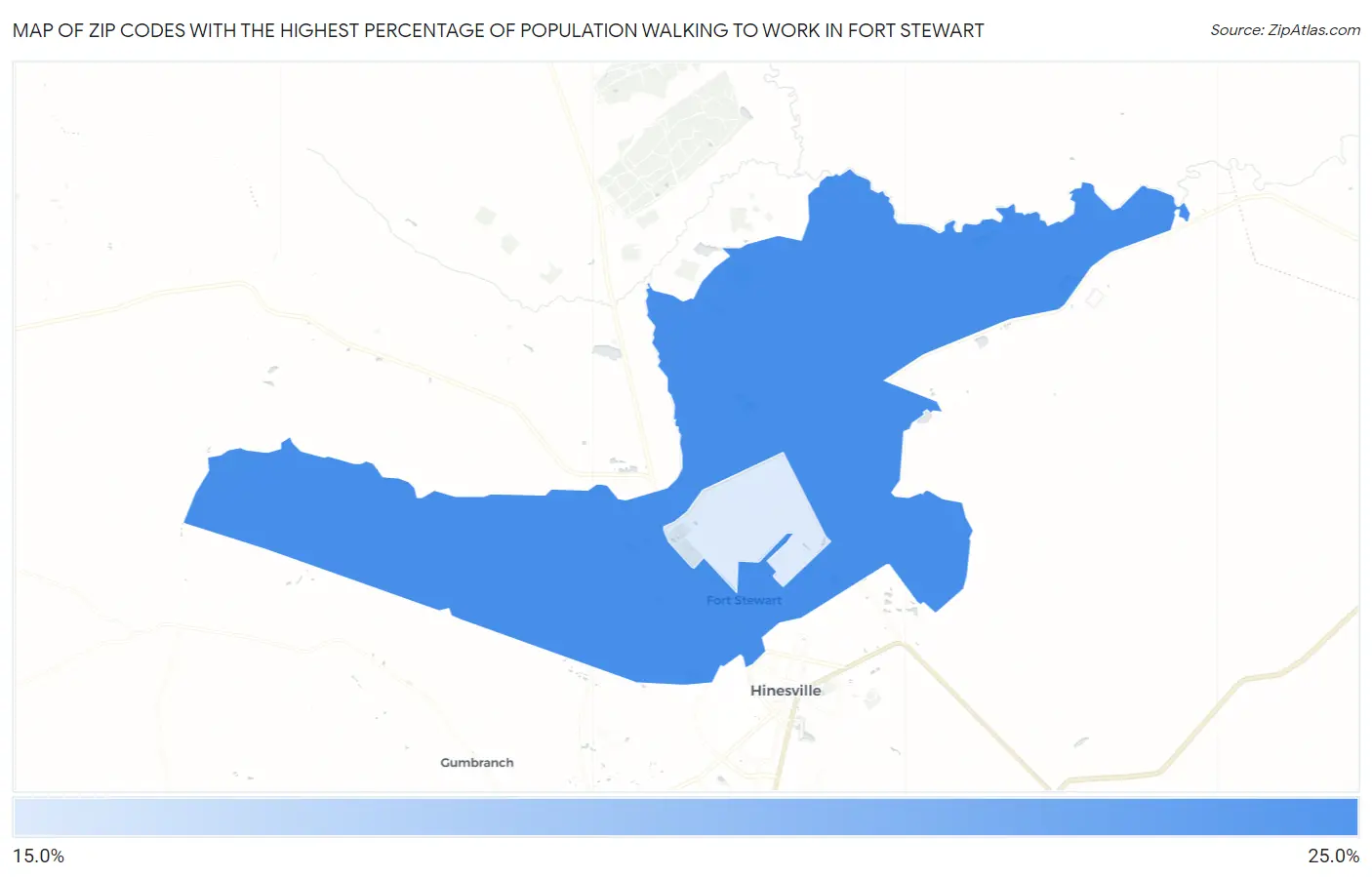 Zip Codes with the Highest Percentage of Population Walking to Work in Fort Stewart Map