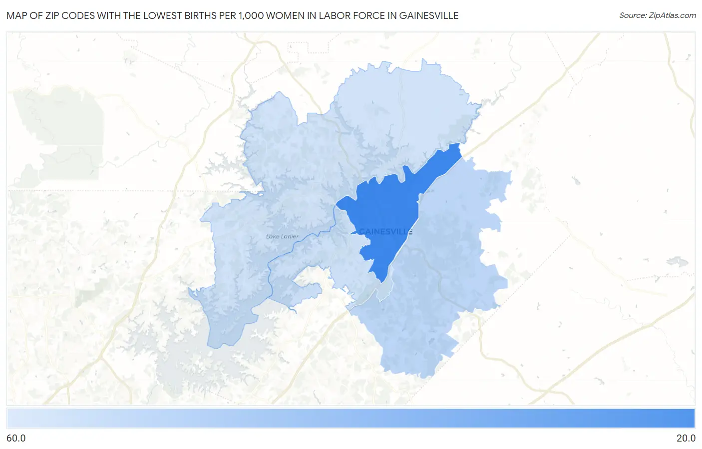 Zip Codes with the Lowest Births per 1,000 Women in Labor Force in Gainesville Map