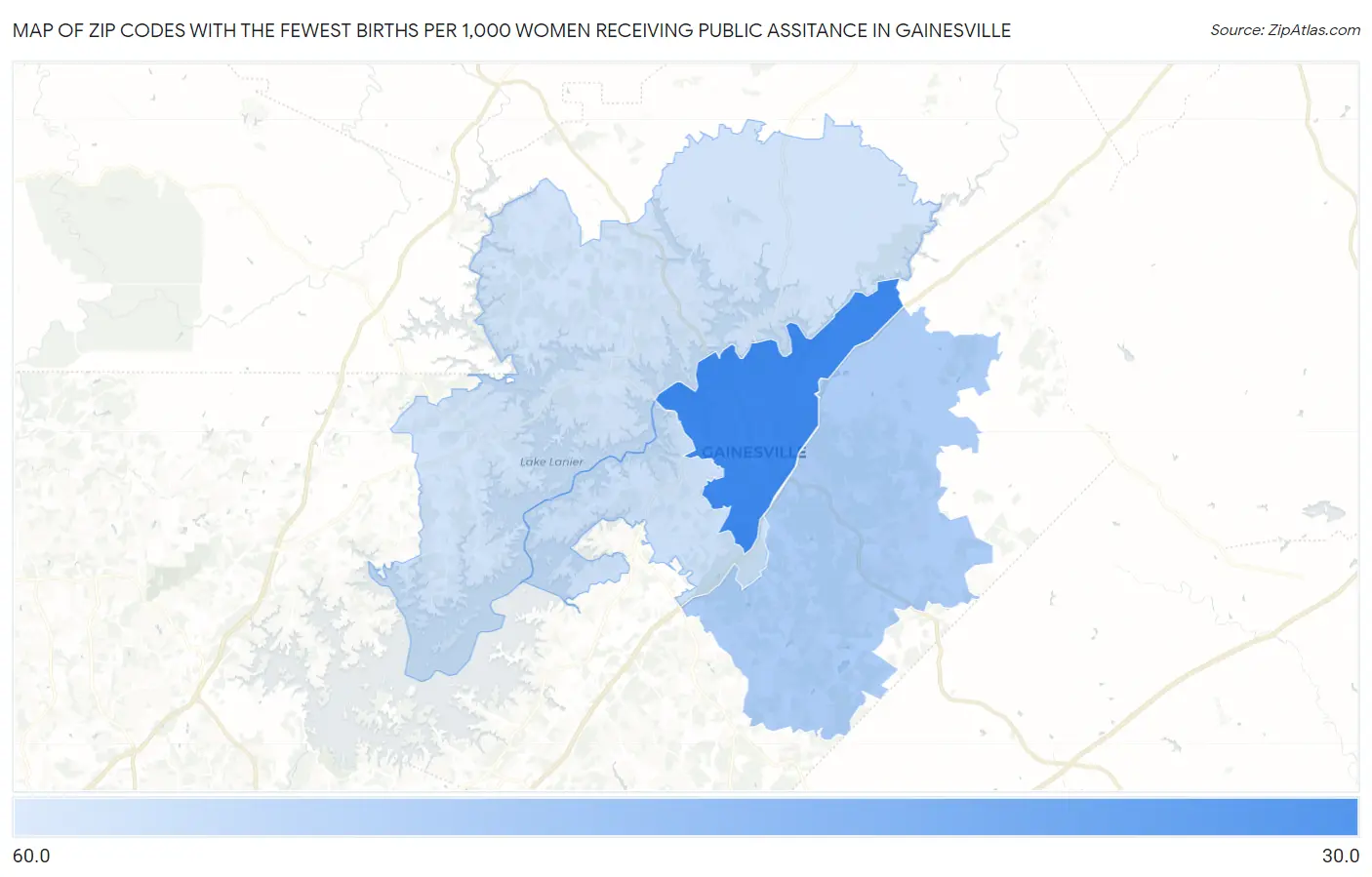 Zip Codes with the Fewest Births per 1,000 Women Receiving Public Assitance in Gainesville Map
