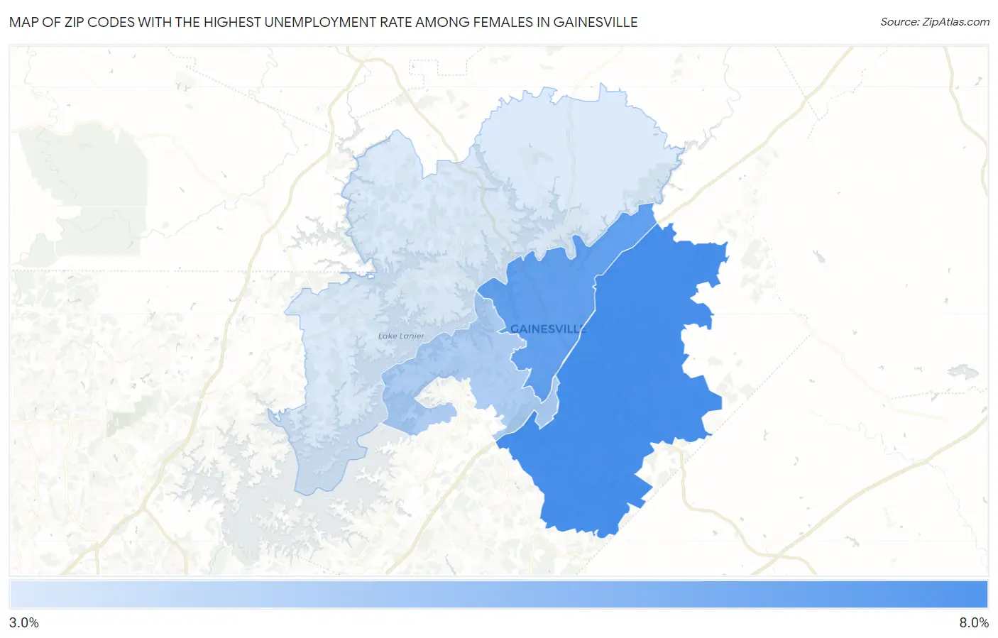 Zip Codes with the Highest Unemployment Rate Among Females in Gainesville Map
