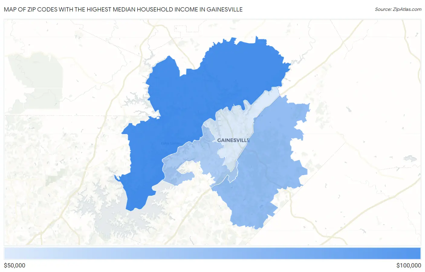 Zip Codes with the Highest Median Household Income in Gainesville Map