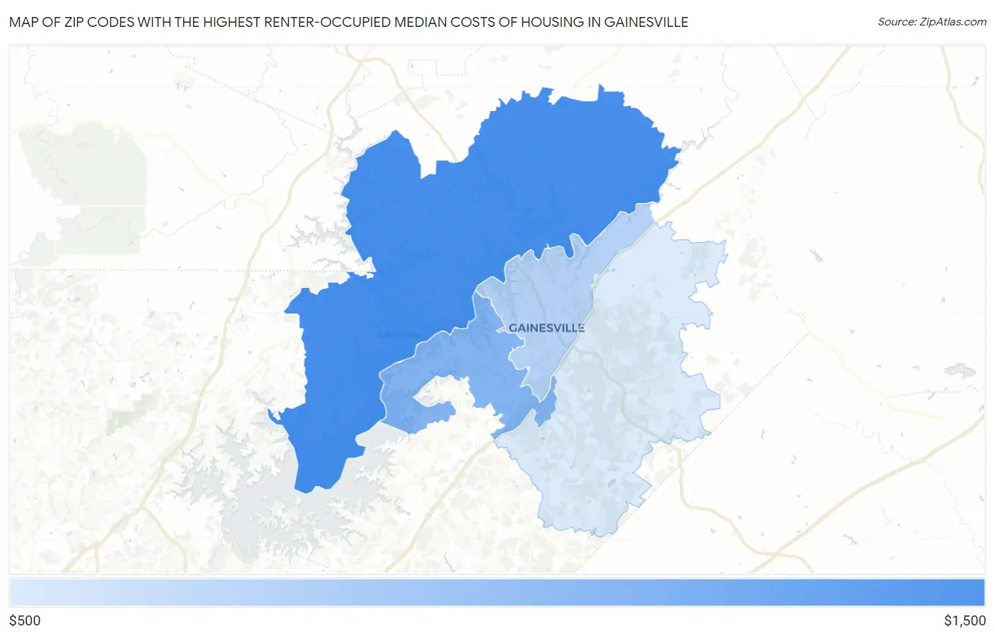 Zip Codes with the Highest Renter-Occupied Median Costs of Housing in Gainesville Map