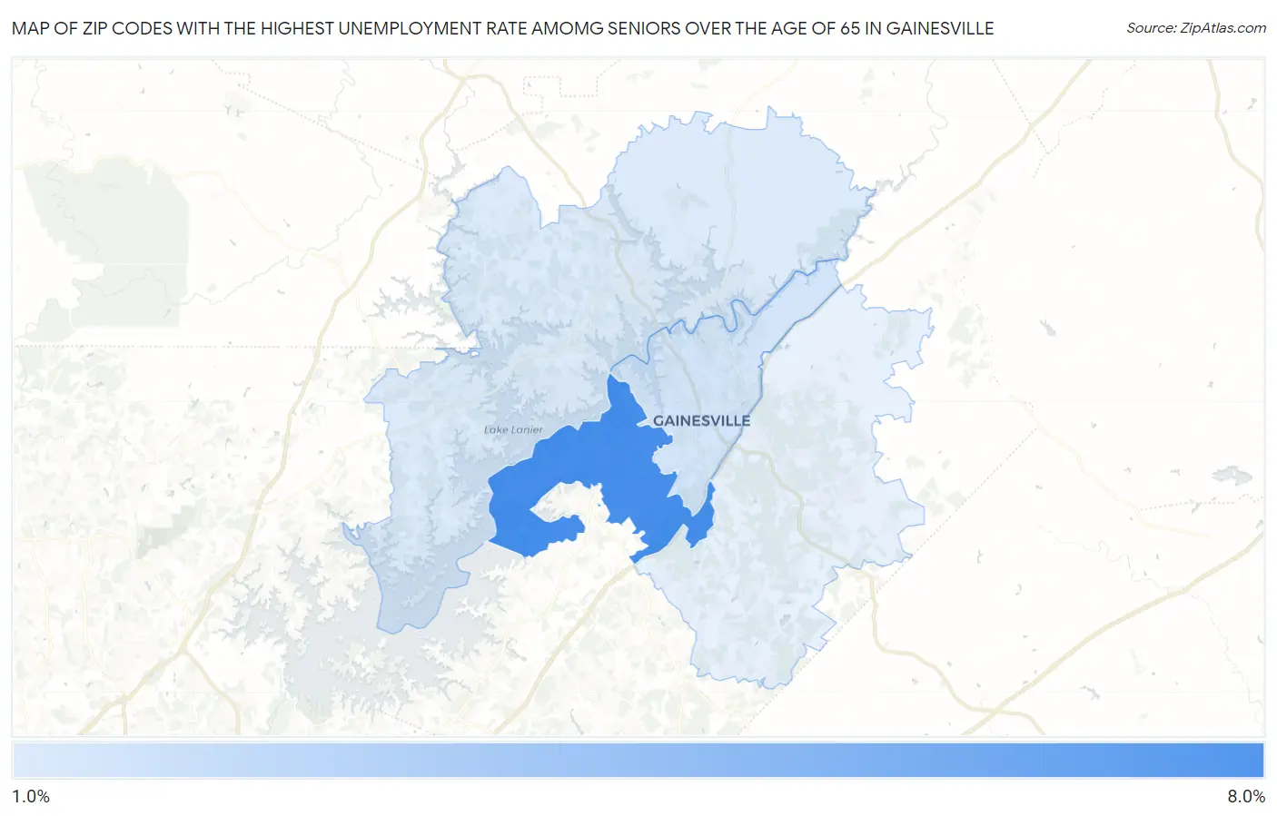 Zip Codes with the Highest Unemployment Rate Amomg Seniors Over the Age of 65 in Gainesville Map