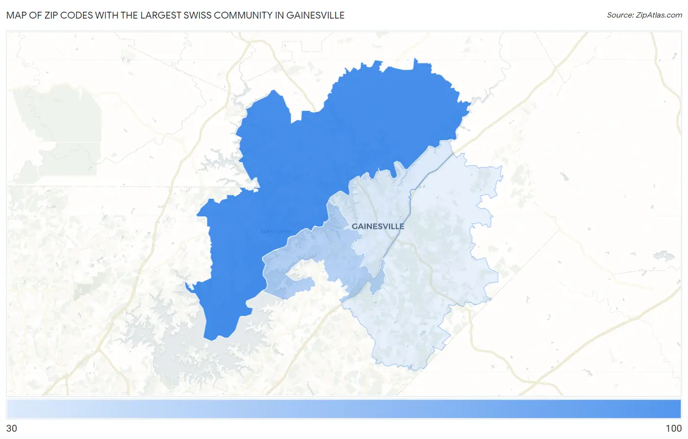 Zip Codes with the Largest Swiss Community in Gainesville Map
