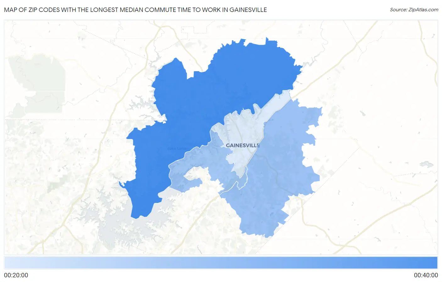 Zip Codes with the Longest Median Commute Time to Work in Gainesville Map