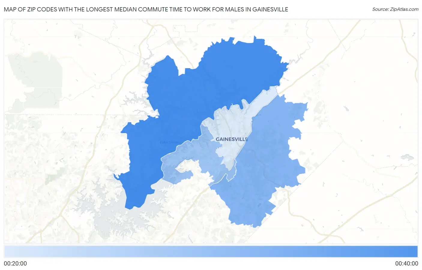 Zip Codes with the Longest Median Commute Time to Work for Males in Gainesville Map