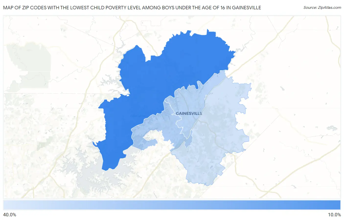 Zip Codes with the Lowest Child Poverty Level Among Boys Under the Age of 16 in Gainesville Map