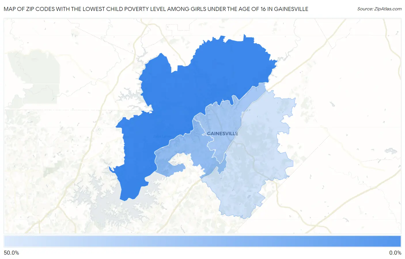 Zip Codes with the Lowest Child Poverty Level Among Girls Under the Age of 16 in Gainesville Map